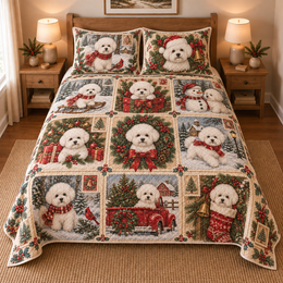 Bichon Frise Vintage Christmas Postcards Quilt Set