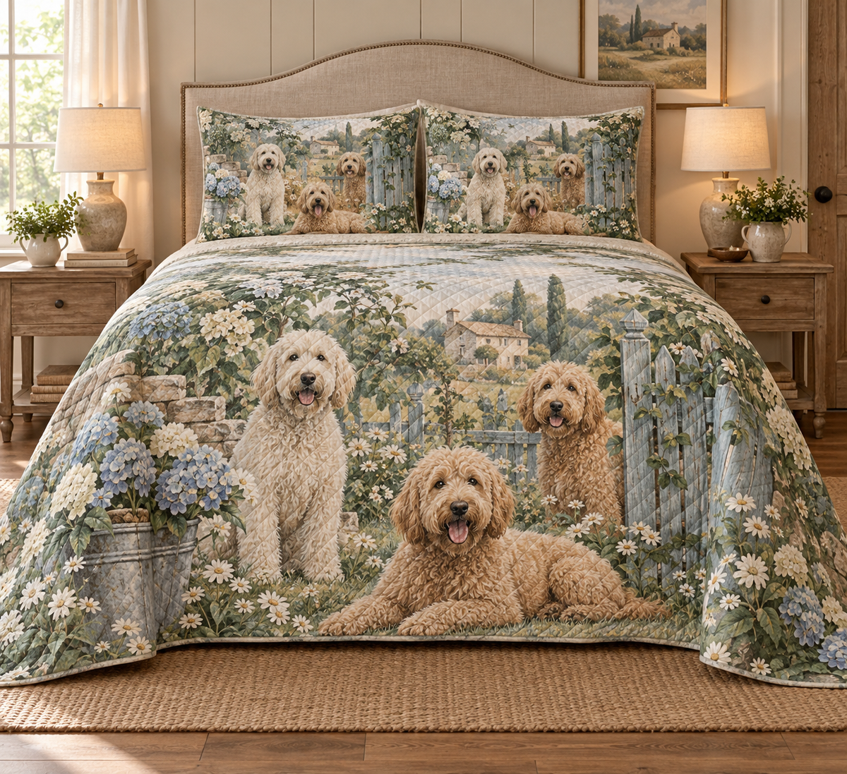 Labradoodle Rustic Farmhouse Quilt Set, front bedroom view