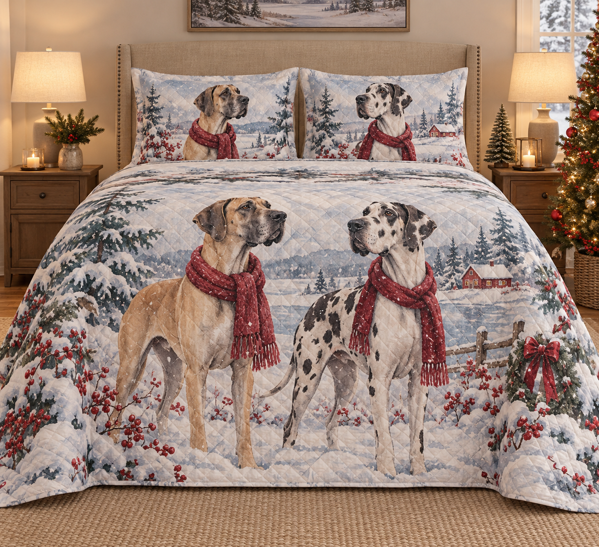Great Dane Snowy Watercolor Christmas Quilt Set, front bedroom view