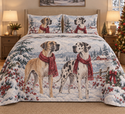 Great Dane Snowy Watercolor Christmas Quilt Set, front bedroom view