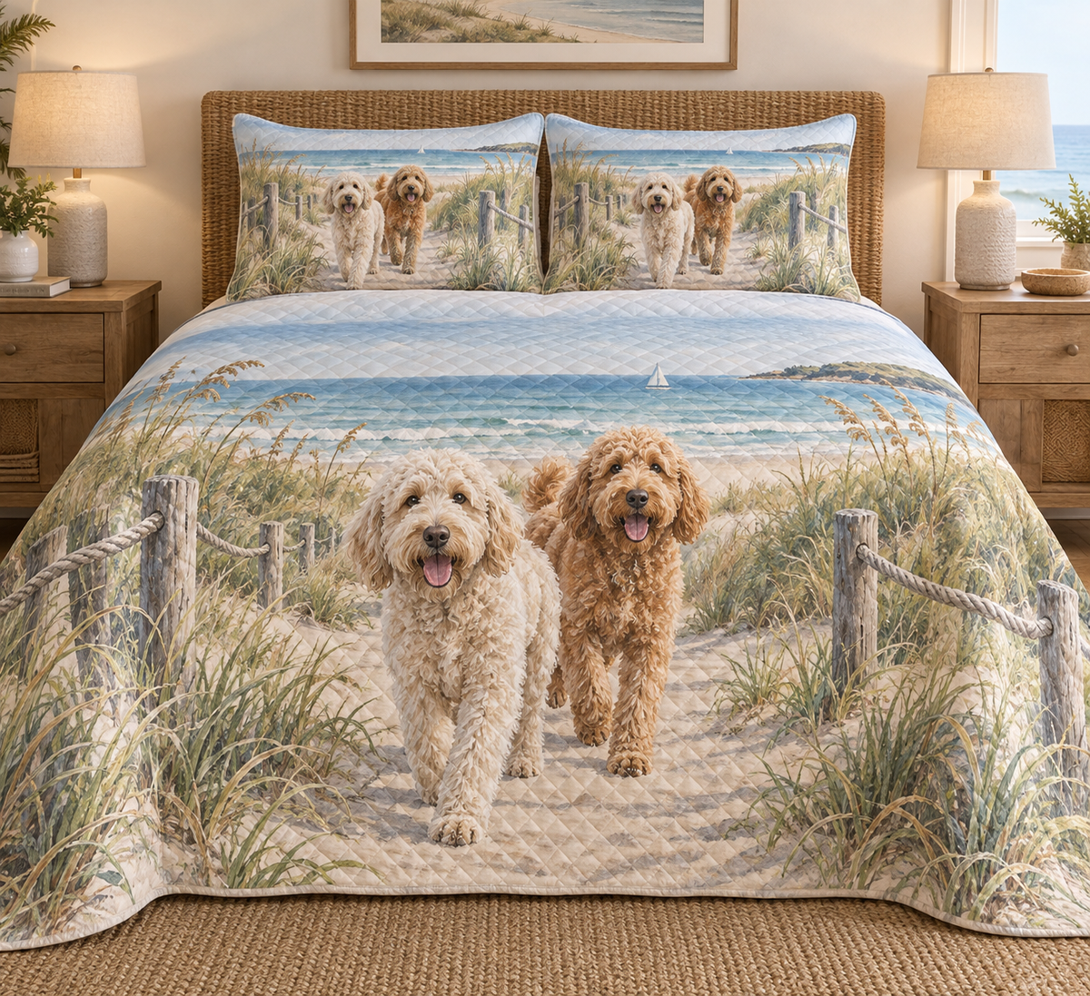 Labradoodle Coastal Morning Quilt Set, front bedroom view