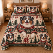 Australian Shepherd Cozy Christmas Sweater Quilt Set, front bedroom view