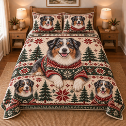 Australian Shepherd Cozy Christmas Sweater Quilt Set