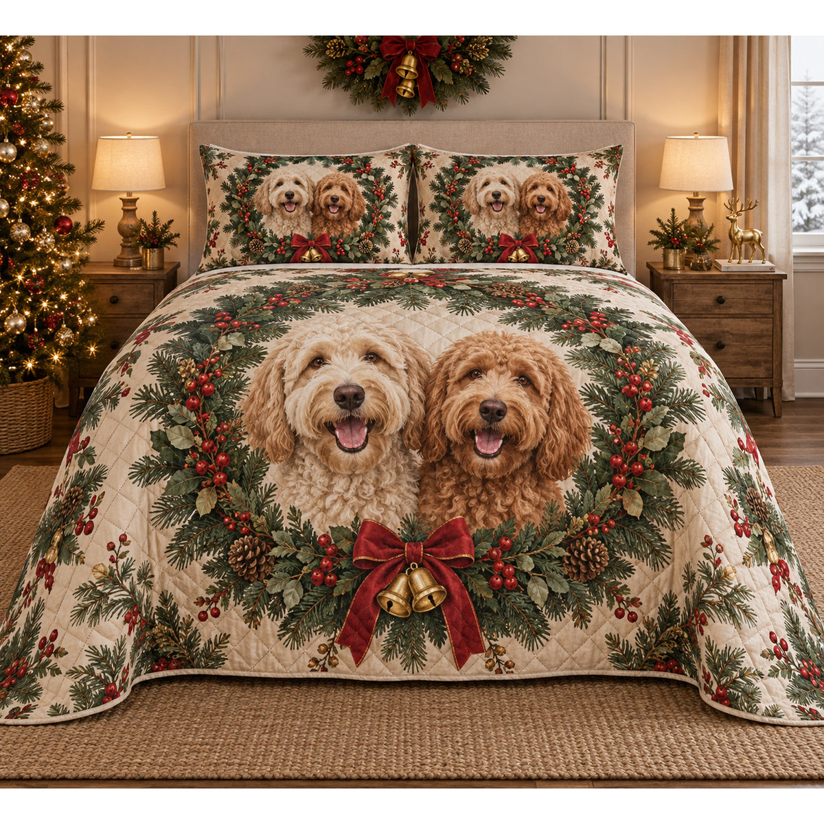 Labradoodle Christmas Wreath Quilt Set