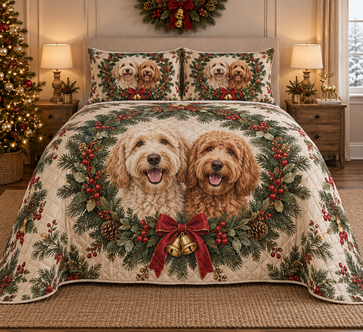 Labradoodle Christmas Wreath Quilt Set, front bedroom view