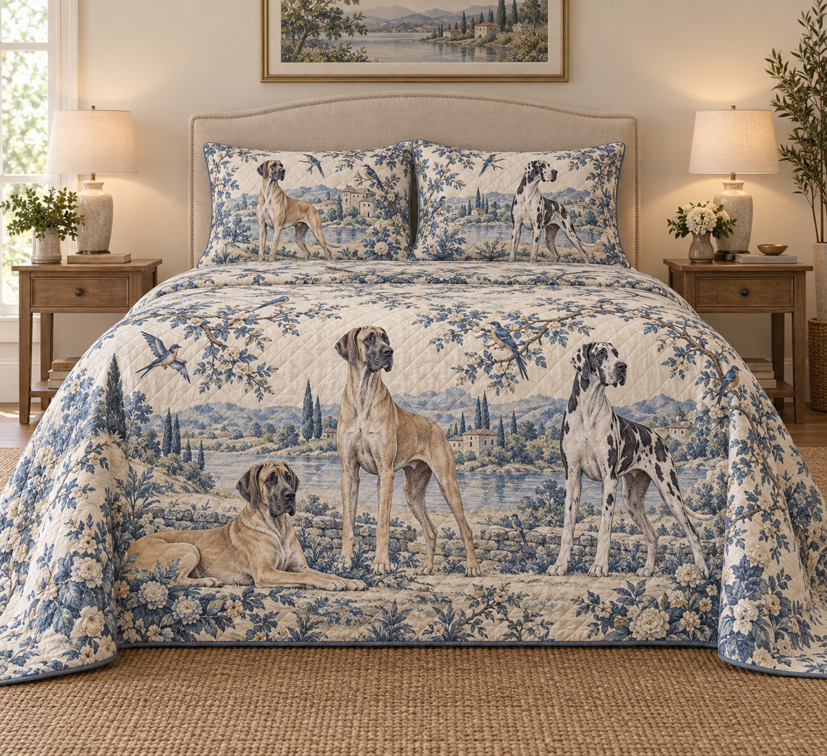Great Dane Blue Country Toile Quilt Set, front bedroom view