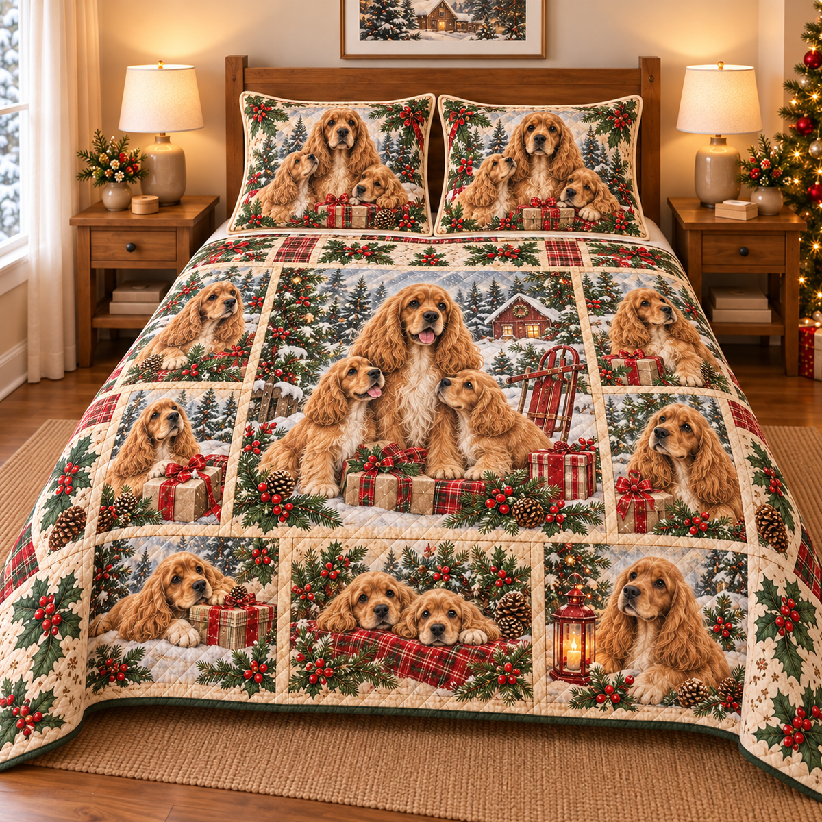 Cocker Spaniel Gifts and Puppies Christmas Quilt Set, front bedroom view