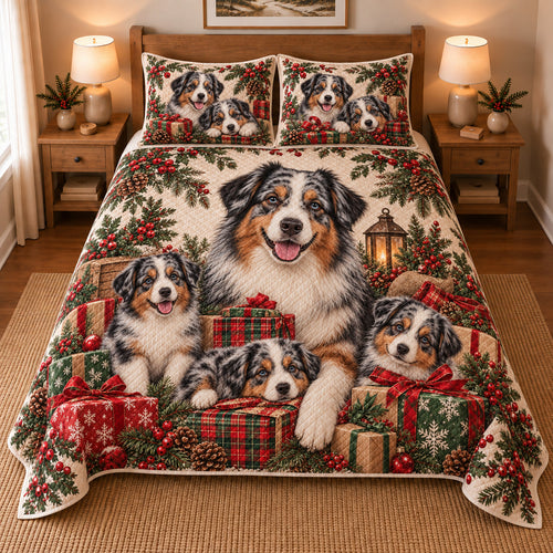 Australian Shepherd Gifts and Puppies Christmas Quilt Set, front bedroom view