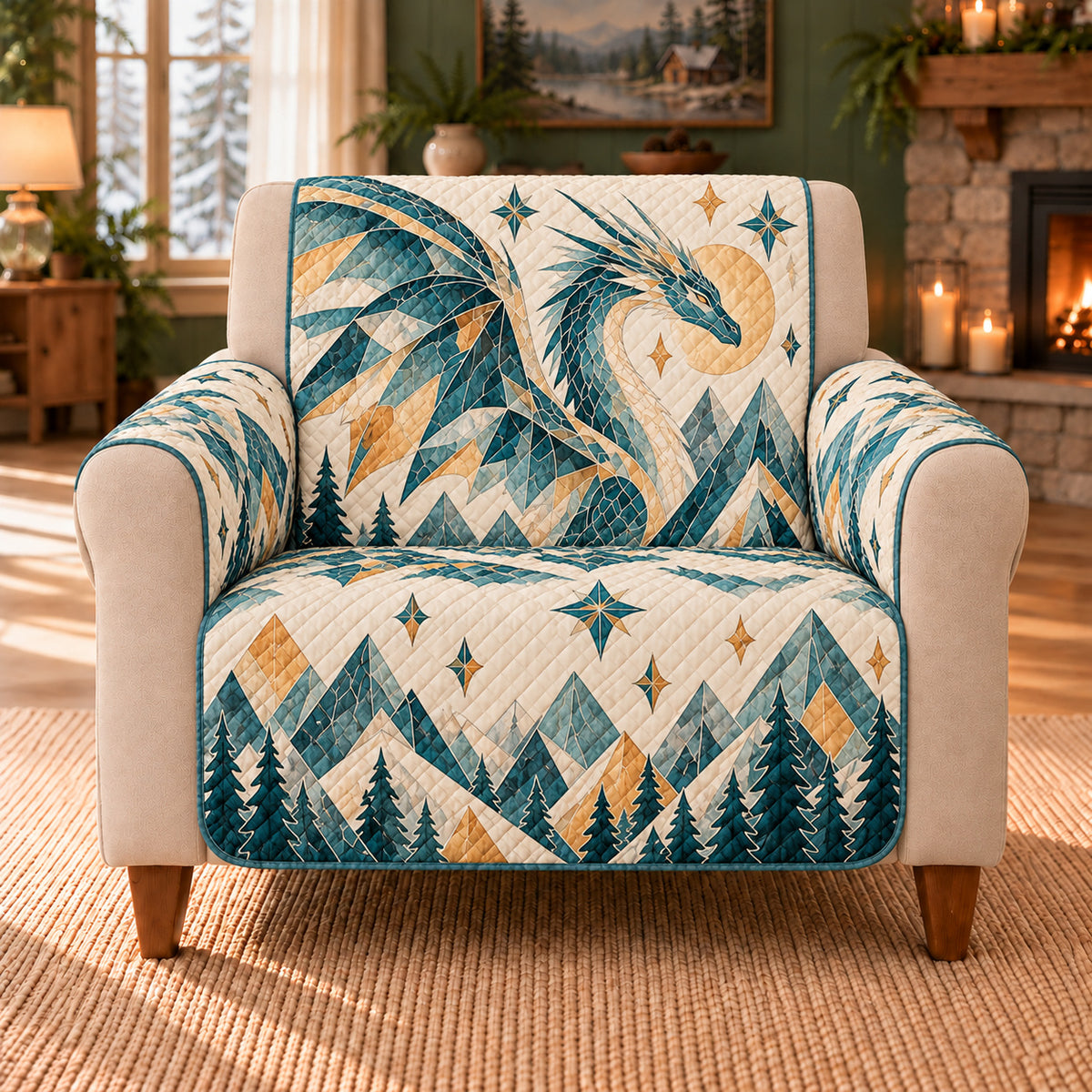 Frost Wing Mosaic sofa cover on a beige armchair