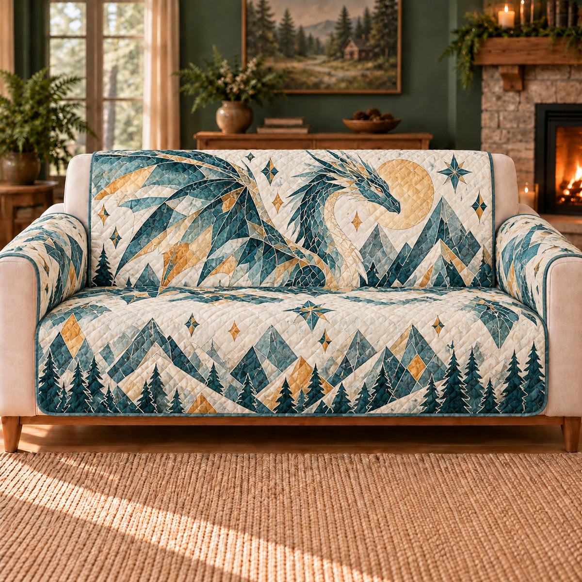 Frost Wing Mosaic sofa cover on a beige sofa