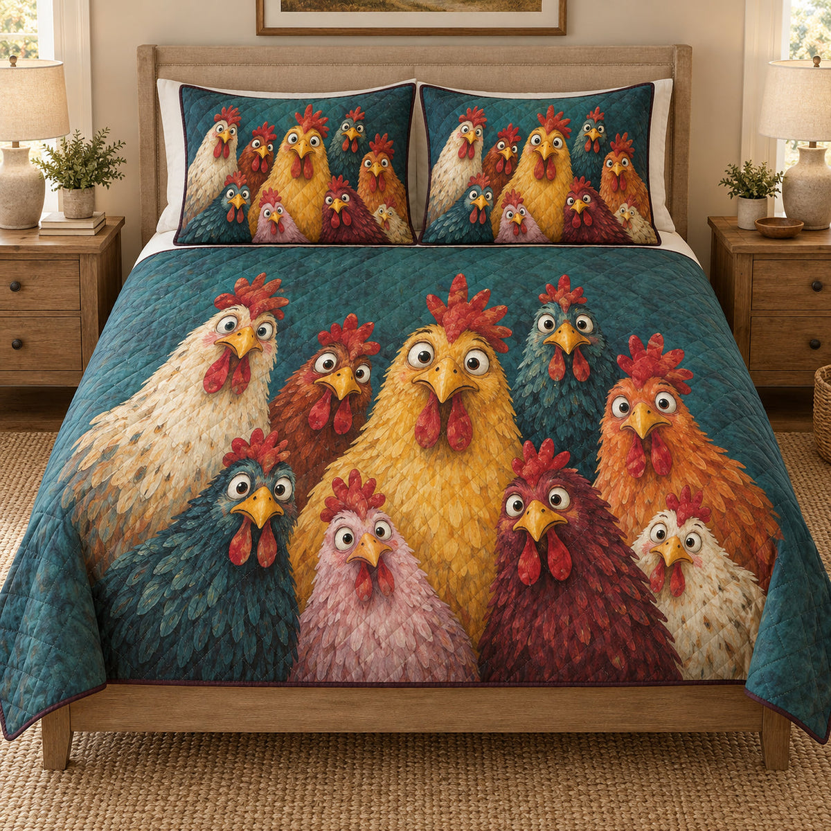 Funny Colorful Chicken Farmhouse quilt design with coordinating pillow shams