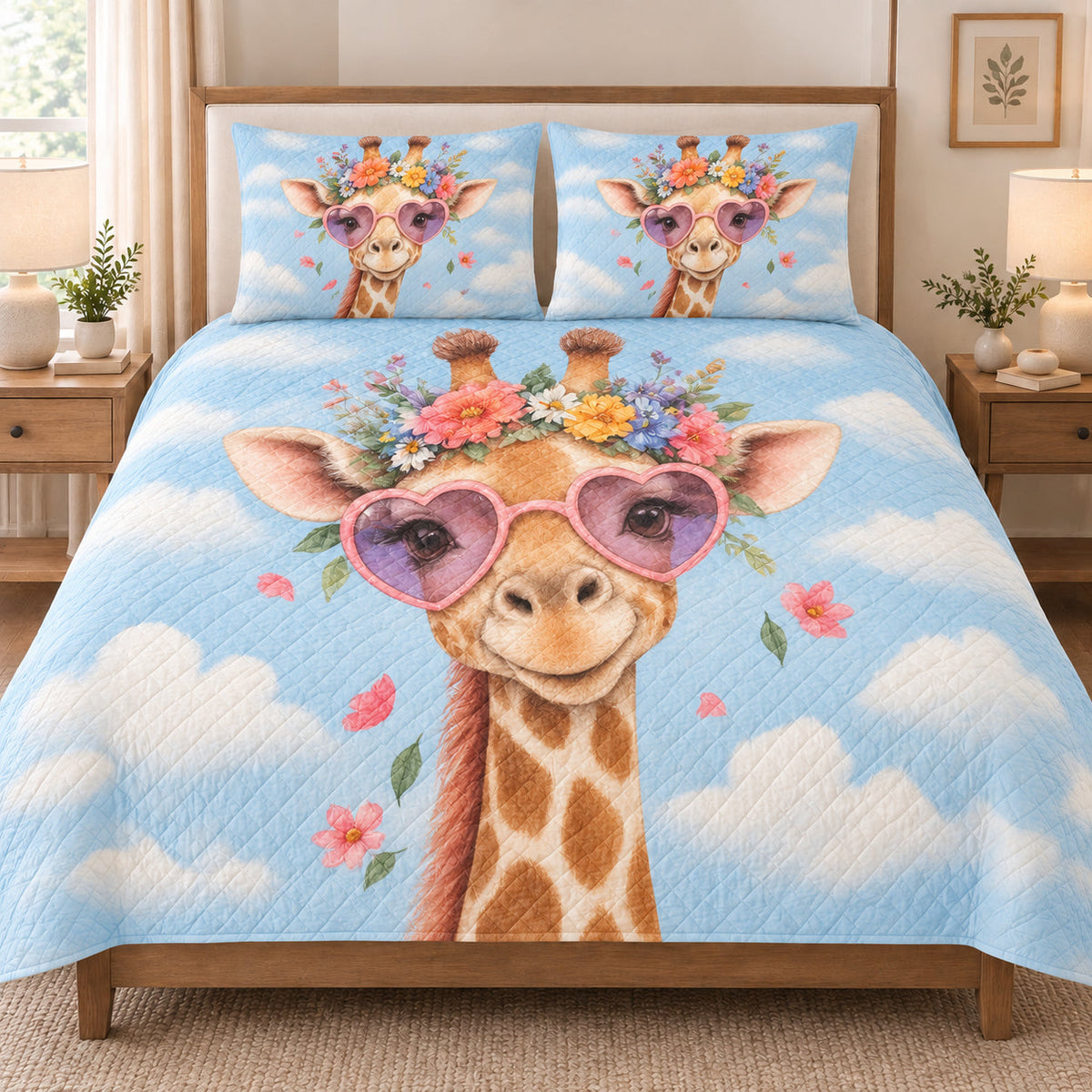 Funny Giraffe Floral Sunglasses quilt set displayed on a bed with coordinating pillow shams