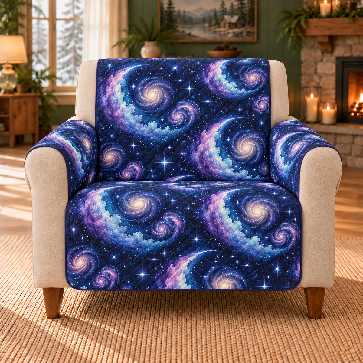 Galaxy Crescent Clusters sofa cover on a beige armchair