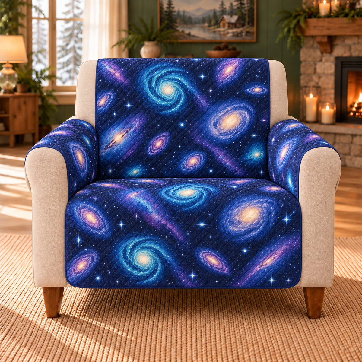 Galaxy Island Toss sofa cover on a beige armchair