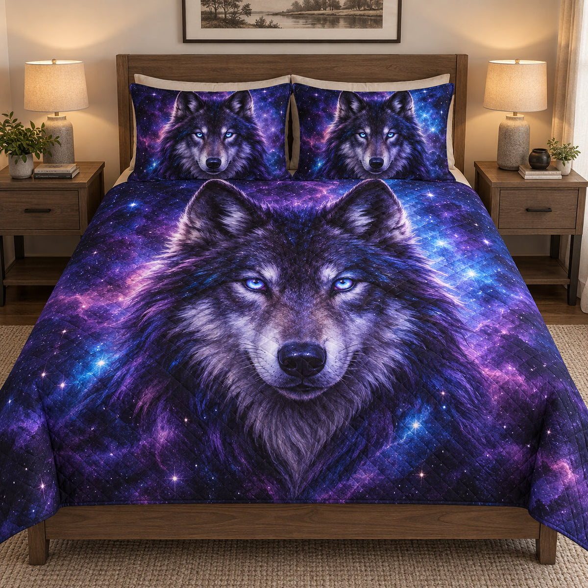 Galaxy Wolf Purple Night quilt set displayed on a bed with coordinating pillow shams