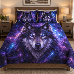 Galaxy Wolf Purple Night Quilt Set