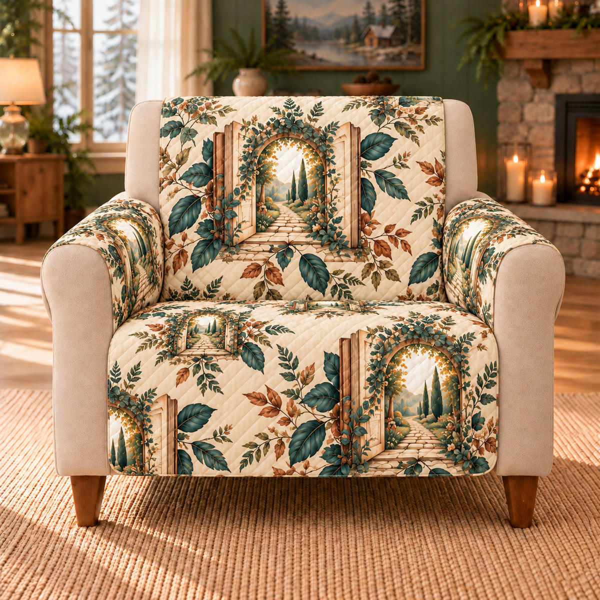 Garden Portal Leaves sofa cover on a beige armchair