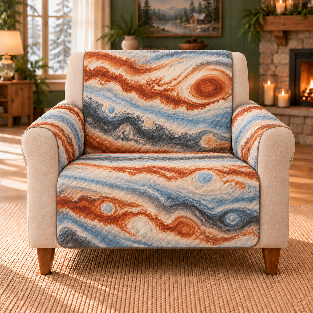 Gas Giant Cloud Waves sofa cover on a beige armchair