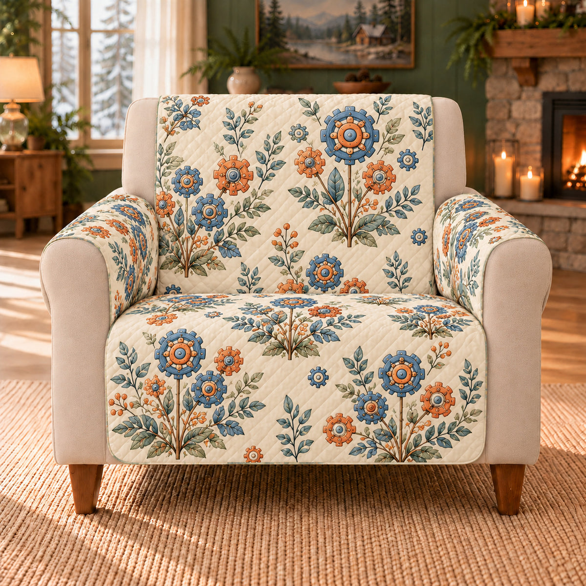 Gear Flower Sprigs sofa cover on a beige armchair