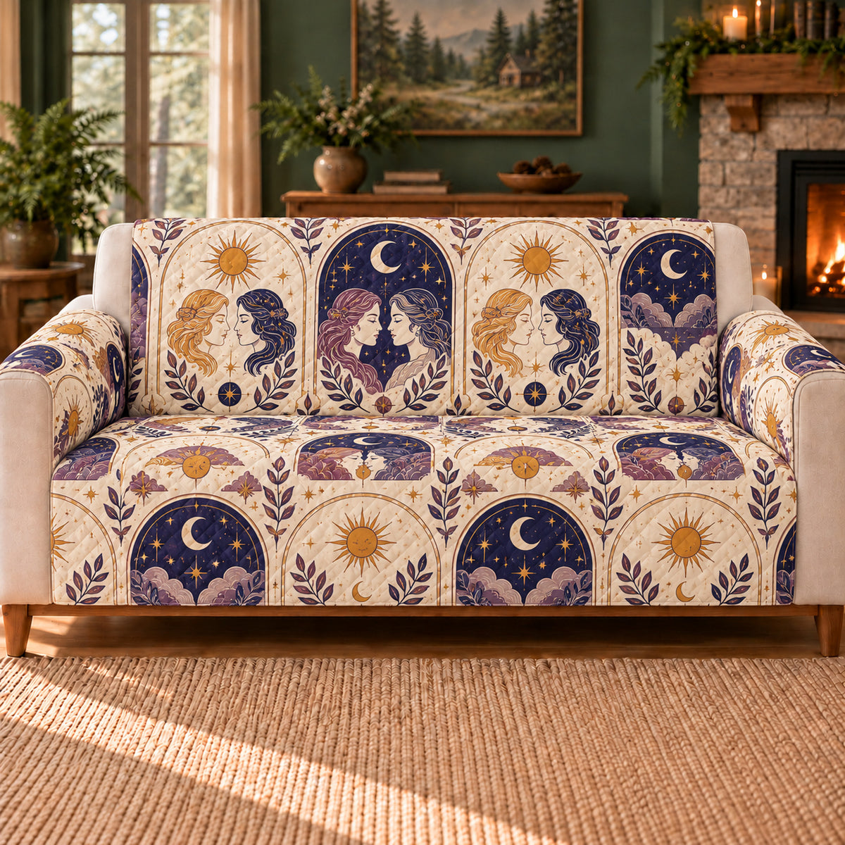 Gemini Day Night Tiles sofa cover on a beige sofa