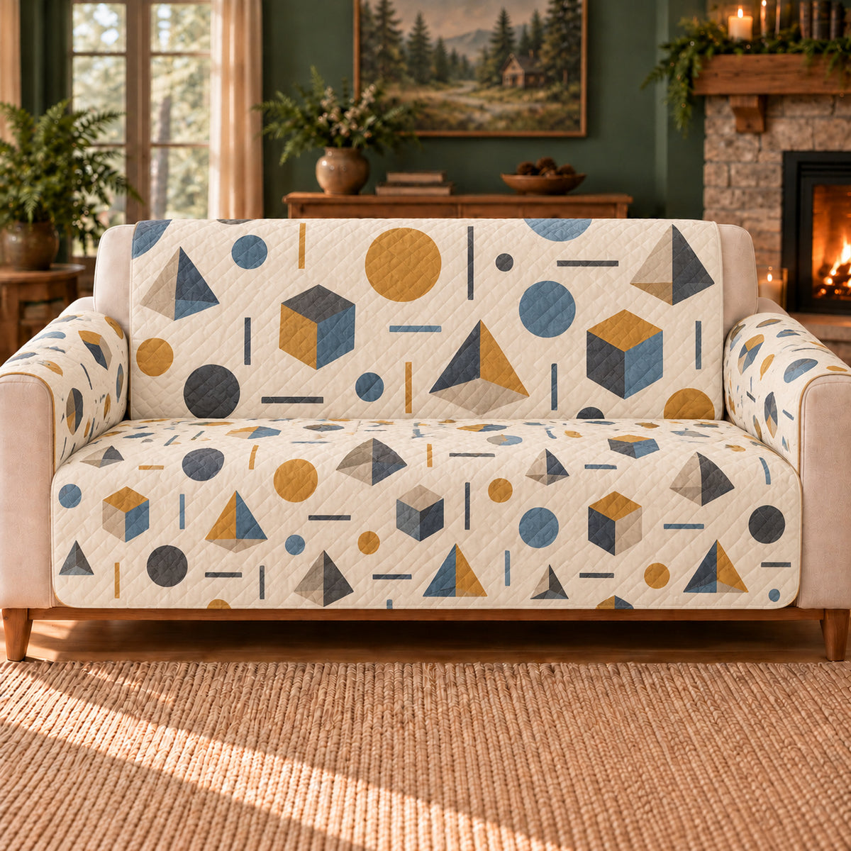 Geometric Solid Toss sofa cover on a beige sofa