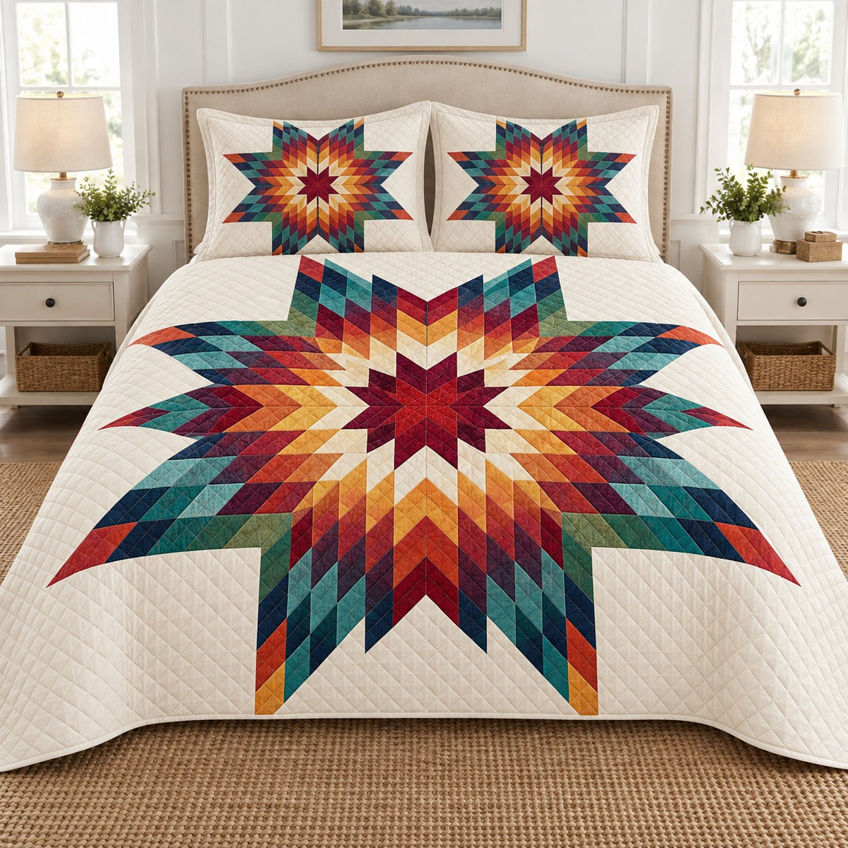 Colorful geometric starburst patchwork quilt set, view 1, AI-generated product mockup