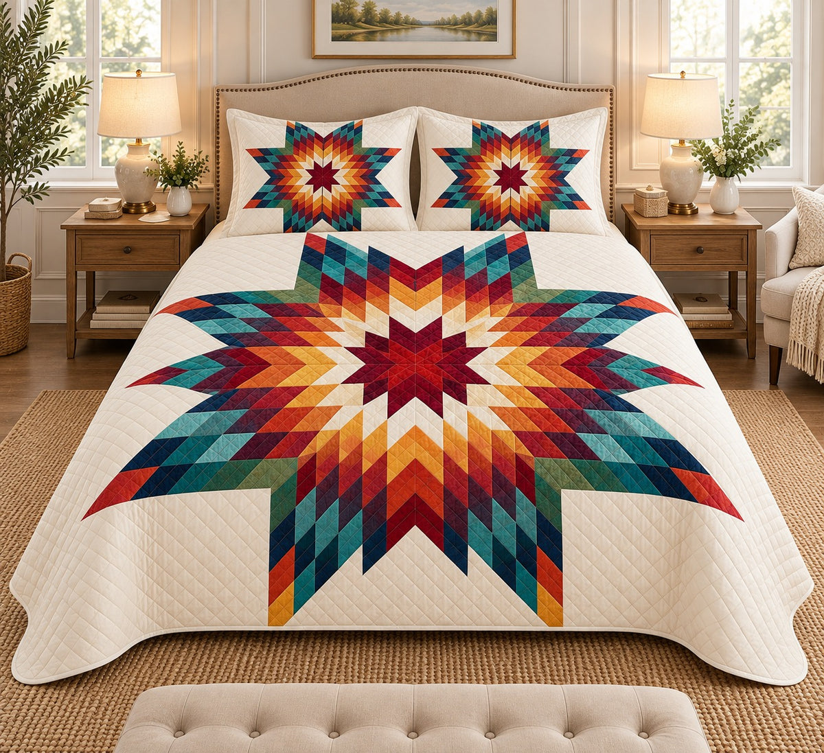 Colorful geometric starburst patchwork quilt set, view 2, AI-generated product mockup