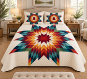 Colorful geometric starburst patchwork quilt set, view 2, AI-generated product mockup