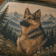 Close-up of the German Shepherd portrait and printed quilt artwork