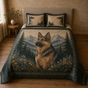 Front view of German Shepherd quilt set with two coordinating pillow shams