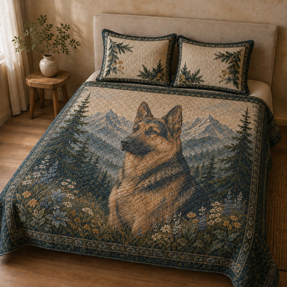 German Shepherd alpine evergreen quilt set in a cozy bedroom, high-angle view