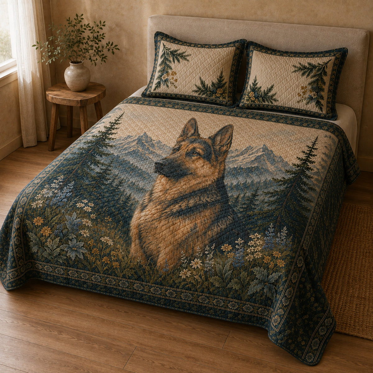 Side-angle bedroom view showing the German Shepherd quilt design