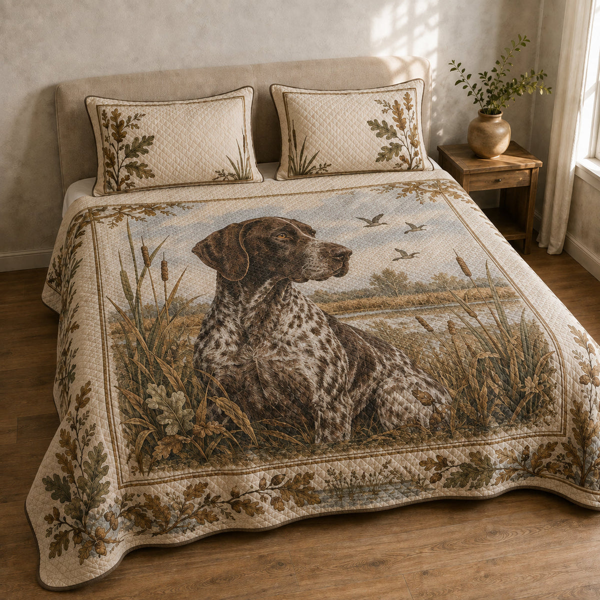 German Shorthaired Pointer sporting marsh heritage quilt set in a cozy bedroom, high-angle view