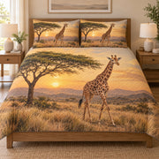 Giraffe Sunset Safari quilt set displayed on a bed with coordinating pillow shams