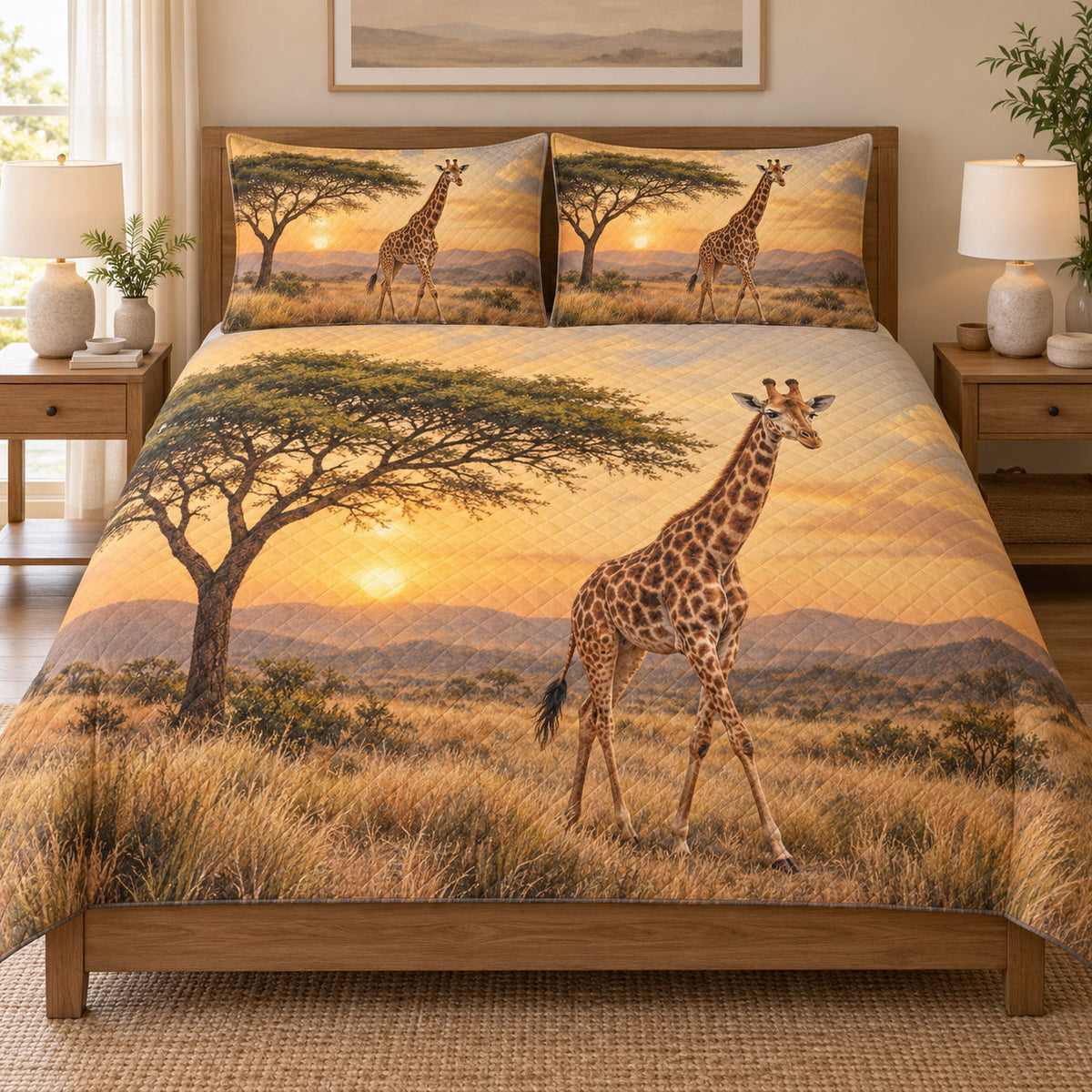 Giraffe Sunset Safari quilt set displayed on a bed with coordinating pillow shams