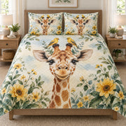 Giraffe Yellow Bird Floral quilt set displayed on a bed with coordinating pillow shams
