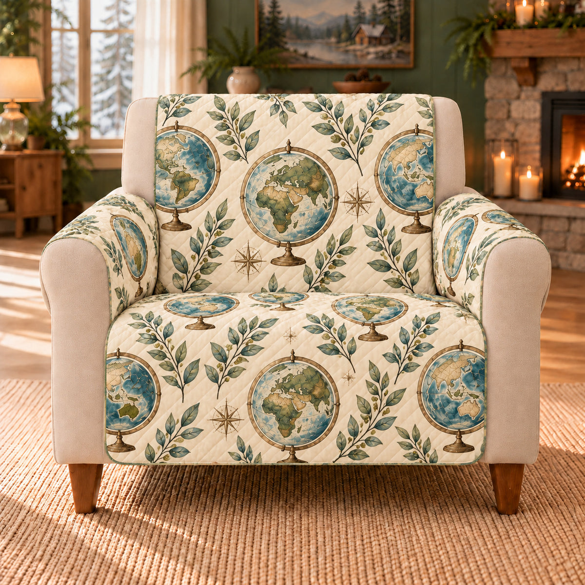 Globe Leaf Cameos sofa cover on a beige armchair