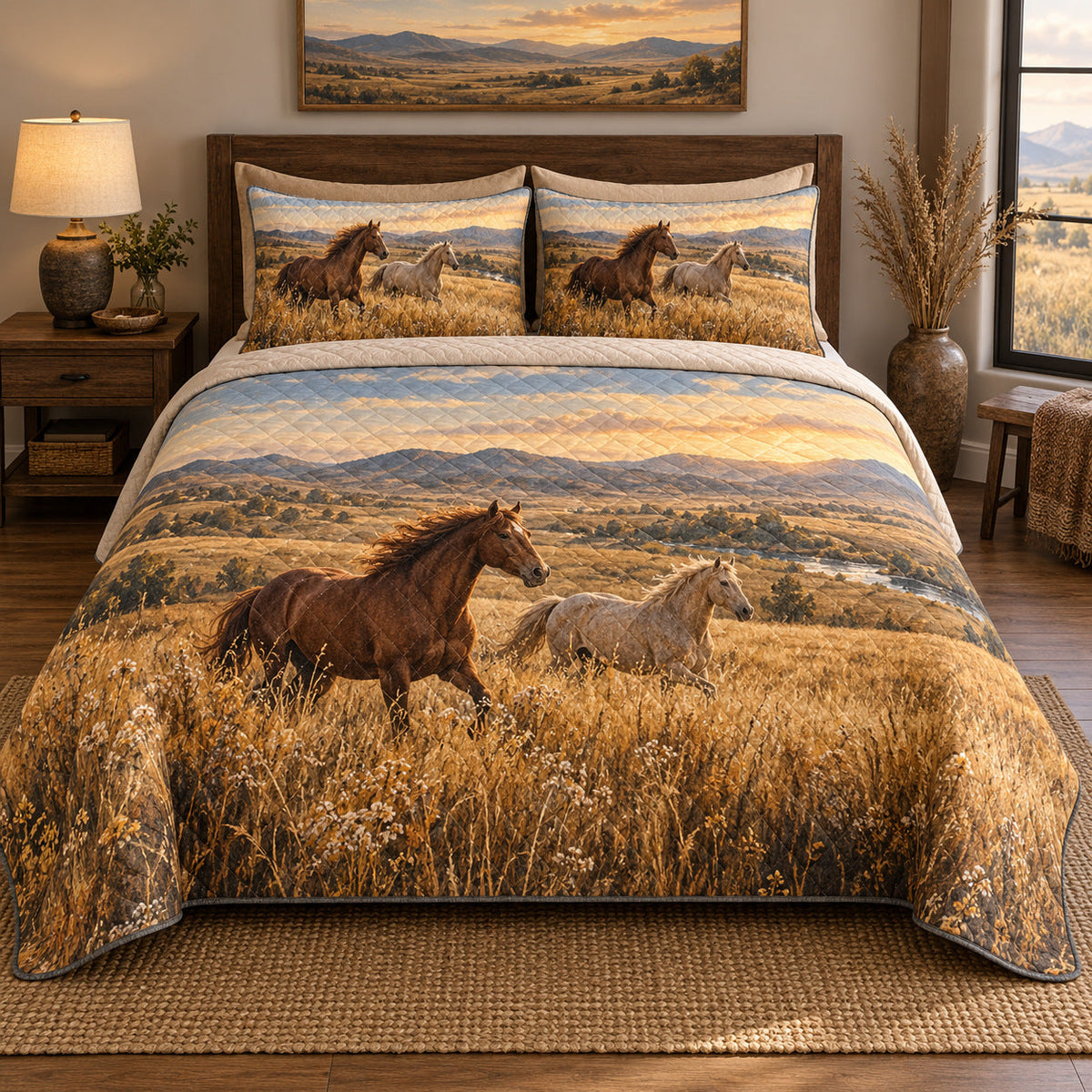Golden Grassland Horse Open Landscape Quilt Set, front horse open landscape bedroom view