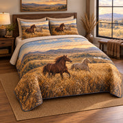 Golden Grassland Horse Open Landscape Quilt Set, angled horse open landscape bedroom view