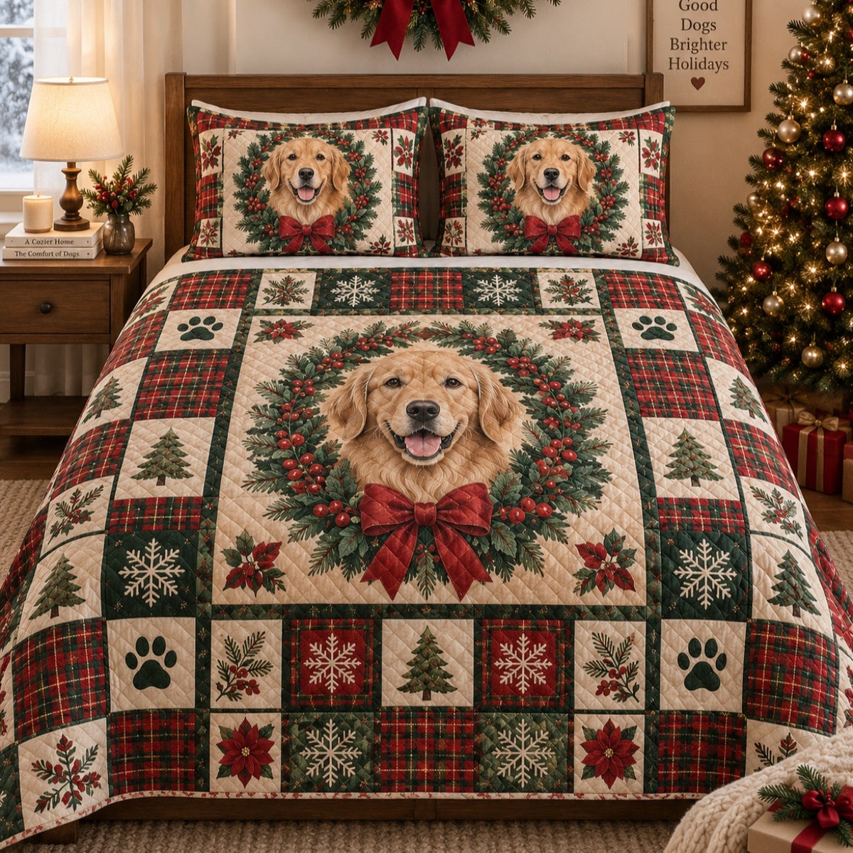 Golden Retriever Christmas wreath patchwork quilt set with matching pillow shams in a festive bedroom
