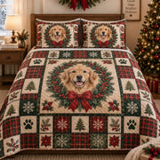 Golden Retriever Christmas wreath patchwork quilt set with matching pillow shams in a festive bedroom