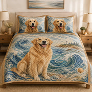 Golden Retriever Coastal Beach quilt design with coordinating pillow shams