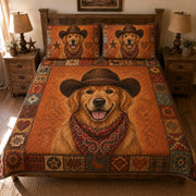Golden Retriever Cowboy Western quilt design with coordinating pillow shams