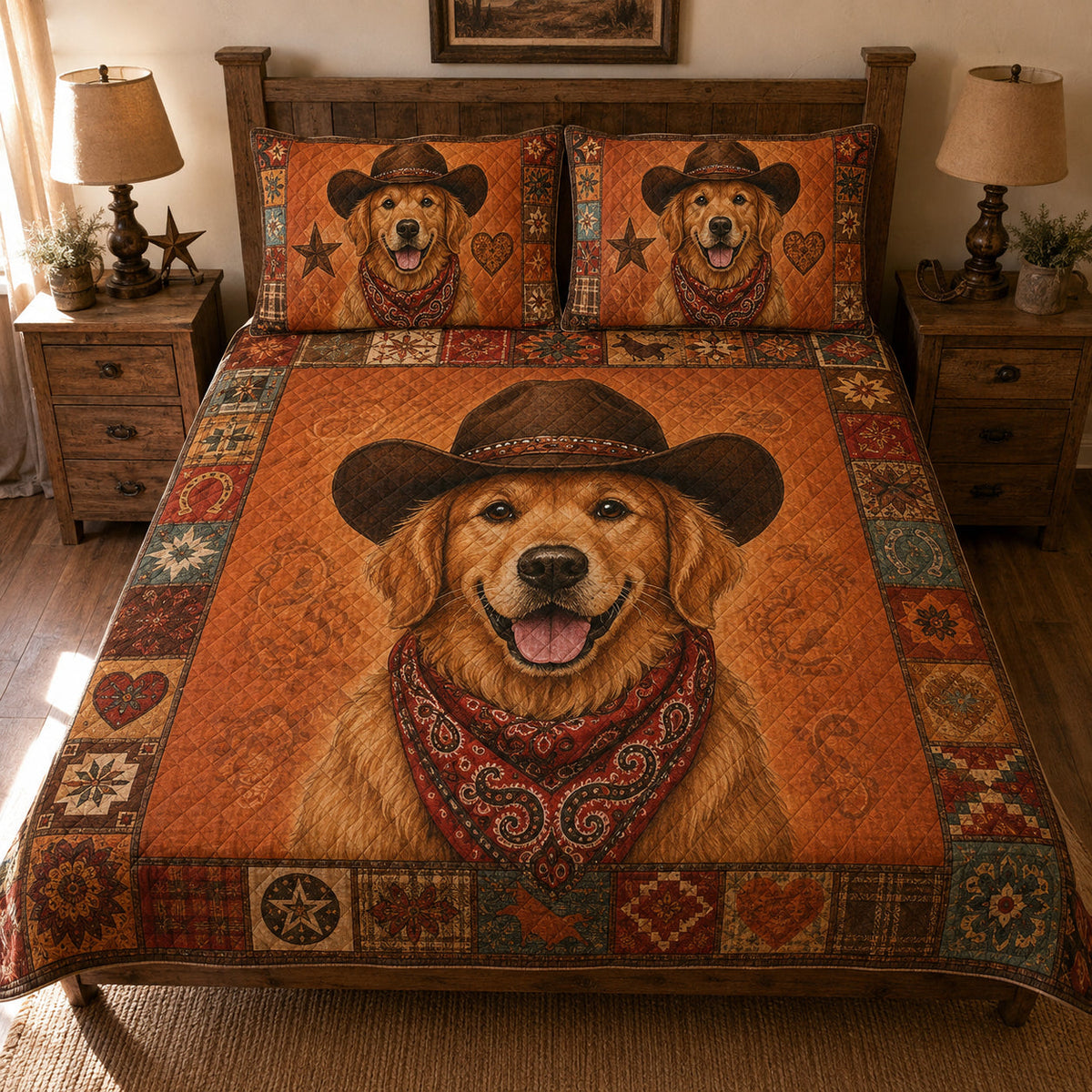 Golden Retriever Cowboy Western quilt design with coordinating pillow shams