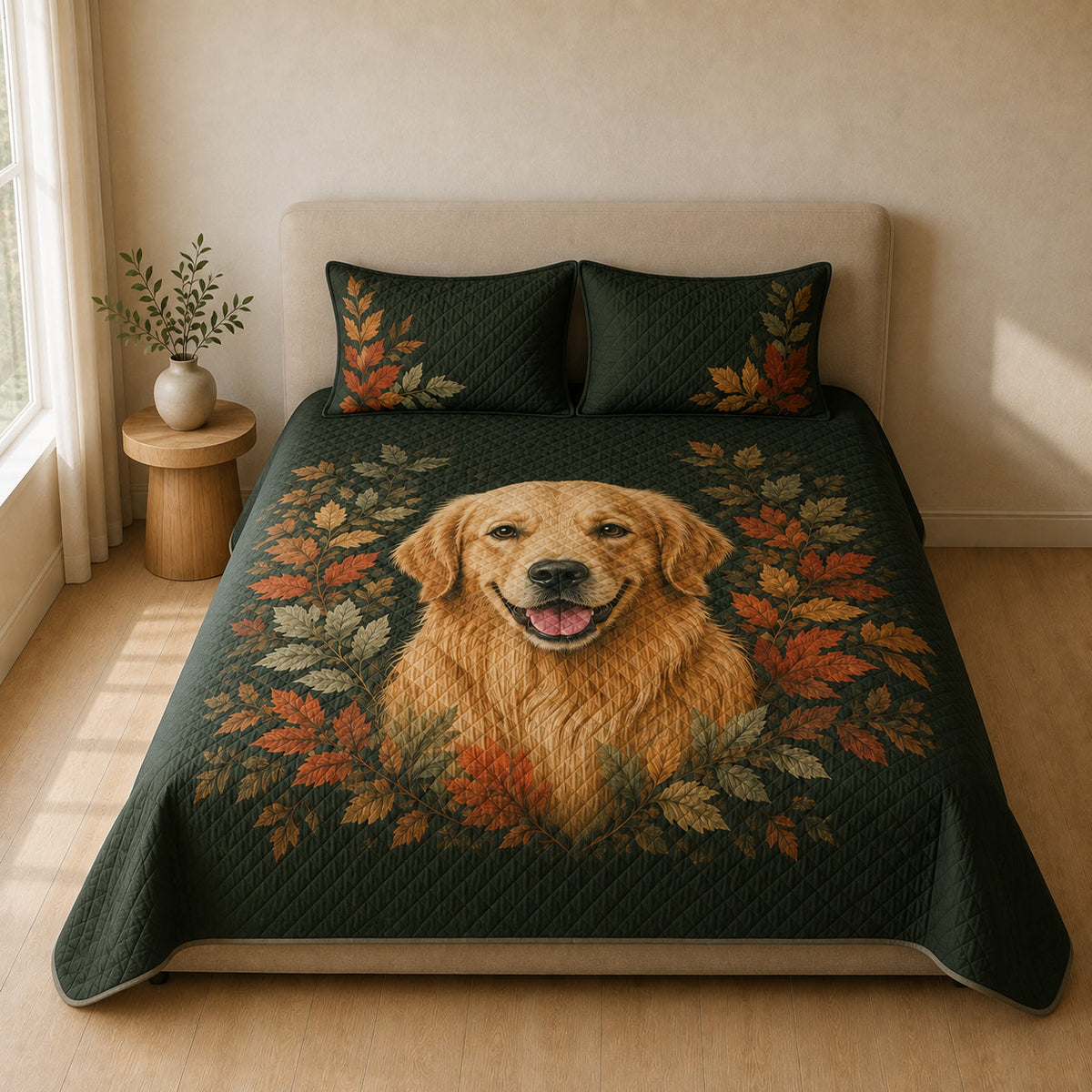 Front view of Golden Retriever botanical quilt set with matching pillow shams