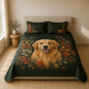 Front view of Golden Retriever botanical quilt set with matching pillow shams