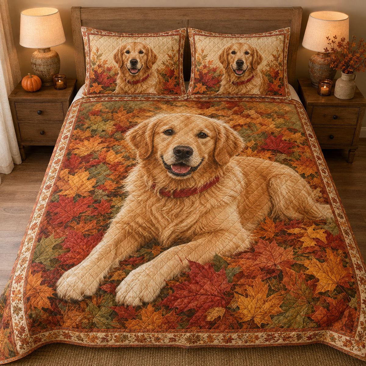 Golden Retriever Autumn Leaves Quilt Set