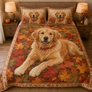 Golden Retriever Autumn Leaves quilt design with coordinating pillow shams