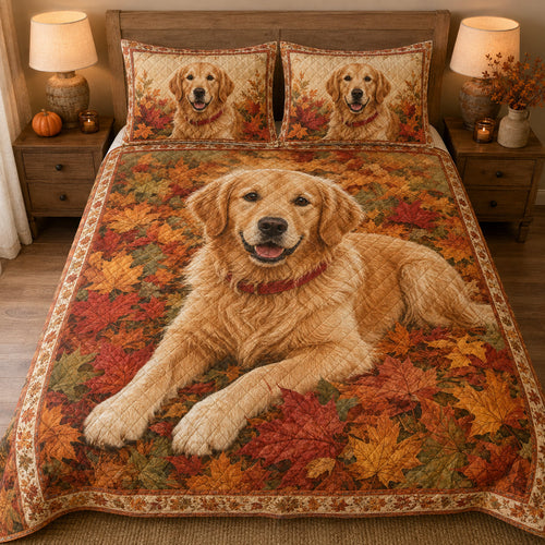Golden Retriever Autumn Leaves quilt design with coordinating pillow shams