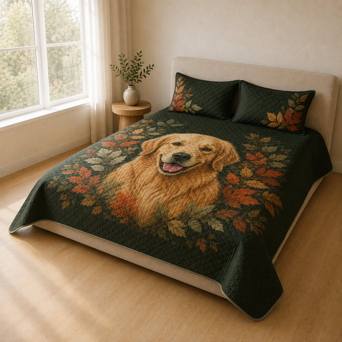 Side-angle bedroom view showing the Golden Retriever fall quilt design
